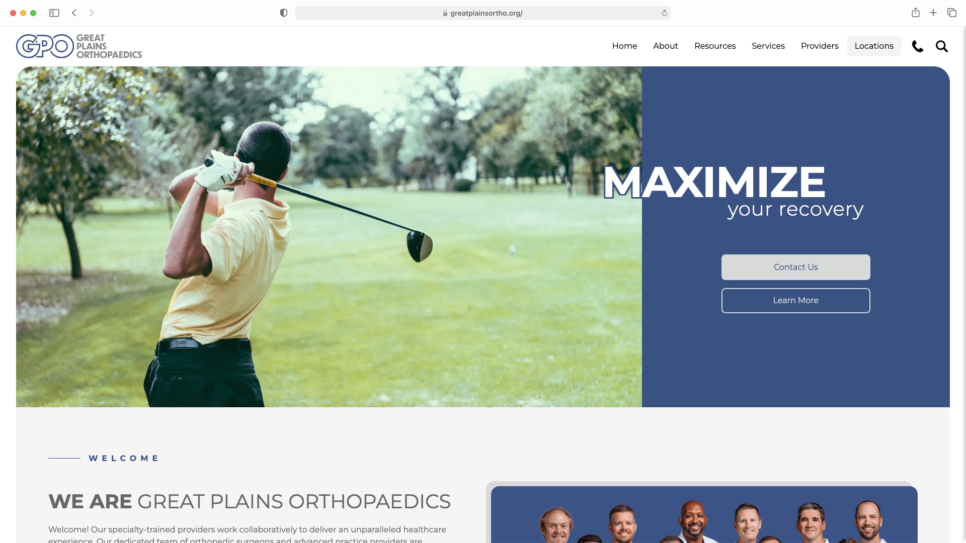 Great Plains Orthopedics Website Screenshot
